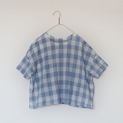 Shirring Check簡單T卹女衫藍色 第1張的照片
