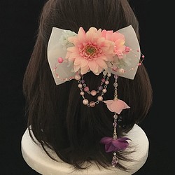 花の髪飾り　ヘッドドレス　ピンクガーベラ×スノーボール　発表会 七五三 お呼ばれ 1枚目の画像