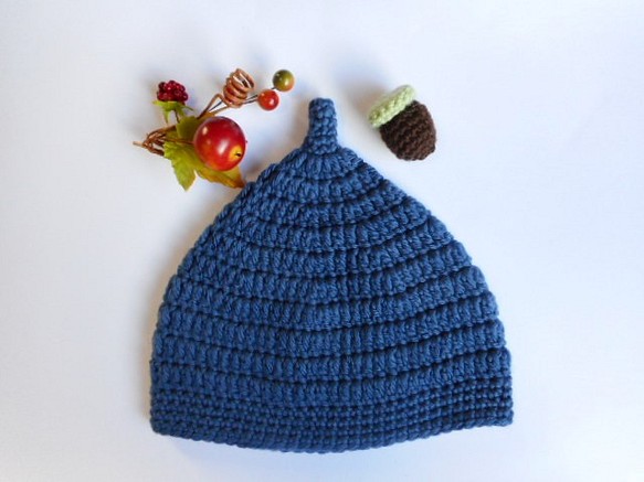 どんぐり帽子　オータムブルー　ベビー、子供用　秋冬ニット 1枚目の画像