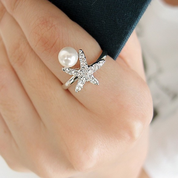 海星珍珠戒指，閃光，婚禮，派對，酒會，方形戒指，海星圖案 第1張的照片