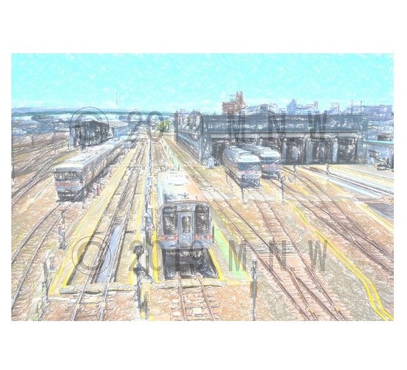 車両基地 クレヨン画風 CG画 A4サイズ 送料無料 1枚目の画像