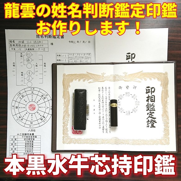 アイボリー×レッド 龍雲姓名判断鑑定印鑑☆芯持黒水牛13.5・15mm印鑑箱