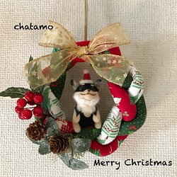 チワワサンタのキルトクリスマスリース 1枚目の画像