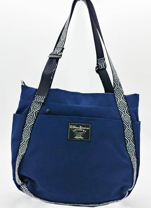 Deep dark blue nylon tribal pattern strap 3 ways handbag 第1張的照片
