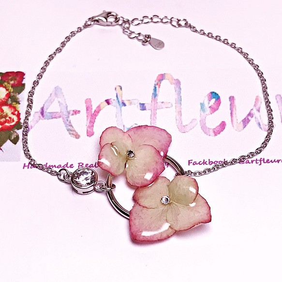 粉紅邊繡球花真花手鏈/925銀閃爍鋯石繡球花3D真花珠寶/情人節禮物 第1張的照片