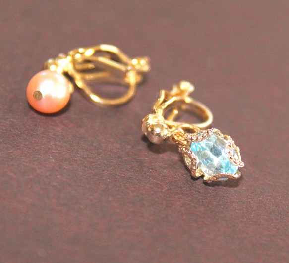 Creema限定 Swiss Blue Topaz & Pink Pearl earrings+sapphire 1枚目の画像