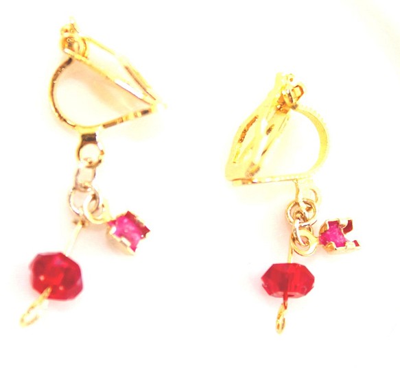 k18gp mini ruby &red vintage glass charm earrings+"sapphire" 1枚目の画像