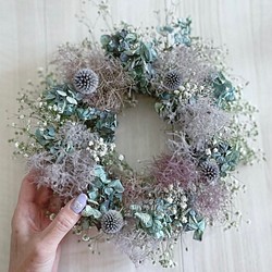 flower wreath " rainy "  紫陽花 スモークツリー かすみ草 ドライフラワー リース フラワー 1枚目の画像
