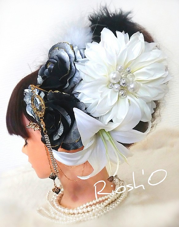 白金×黒銀 モード系 和装髪飾り ☆ 成人式 振袖 かみかざり 派手 花魁 