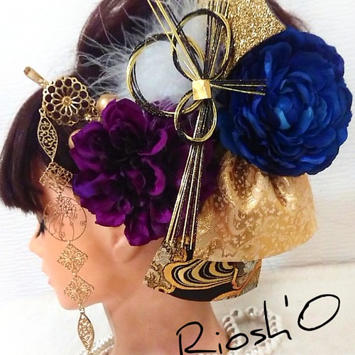 紫×青×金 水引飾り 西陣織リボン付き 和装髪飾り ☆ 成人式 ゴールド 