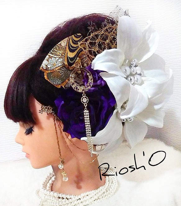紫×白 薔薇×パールカサブランカ 大人可愛い 髪飾りセット☆ 着物 豪華 