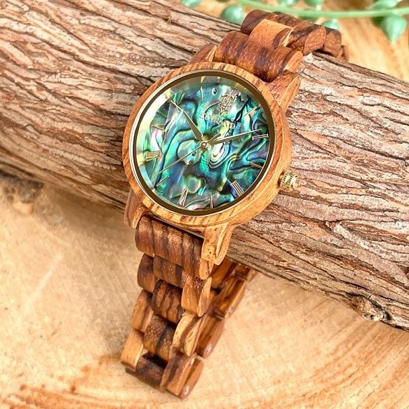 【木製腕時計】EINBAND Reise 天然貝 パール アバロンシェル 木の時計 ウッド ウォッチ ゼブラ【32mm】 1枚目の画像
