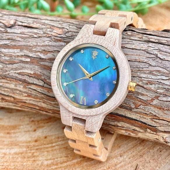 EINBAND Prima Maplewood×Mother of pearl 天然貝木製腕時計 34mm ブルー文字盤 1枚目の画像