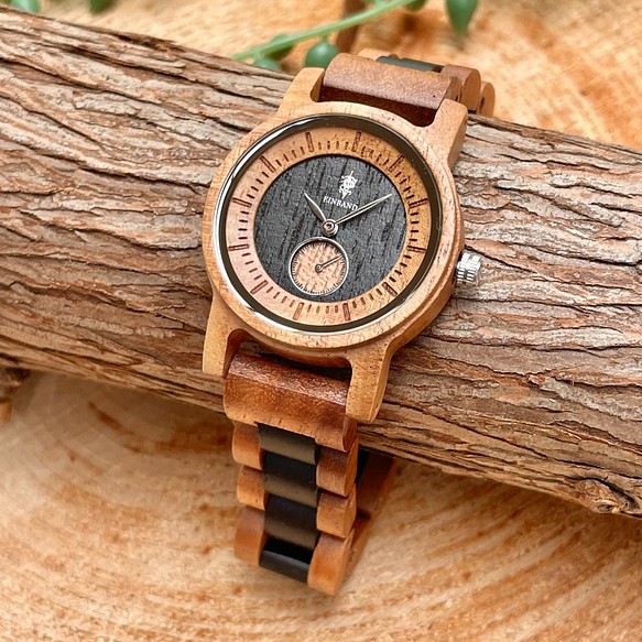 【木製腕時計】EINBAND Mond ウッドウォッチ ブレスレット 木の時計 アカシア＆エボニー【32mm】 1枚目の画像