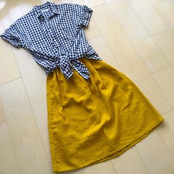 【 受注生産／送料込 】リネン100%　ラプセニのギャザースカート（color：マスタード） 1枚目の画像