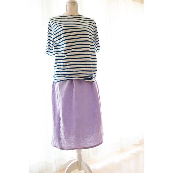 【 受注生産／送料込 】リネン100%　ラプセニのギャザースカート（color：ラベンダー） 1枚目の画像