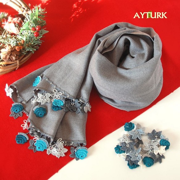 [定制/聖誕節限定套裝]披肩和手鐲2件套“珠寶”炭灰色10000日元（免運費） 第1張的照片