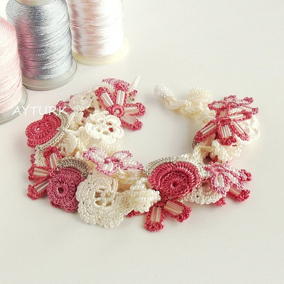[定做]蕾絲和珠子手鍊“珠寶”白色和粉紅色 第1張的照片