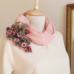 [再次上架] 3D蕾絲花朵棉質披肩“野花/ 2面”粉紅色 第1張的照片