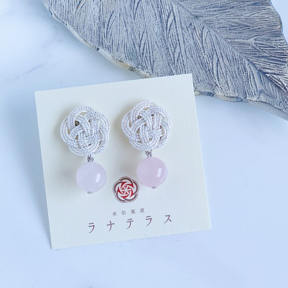 Resale ☆Mizuhiki Flower and Natural Stone Earrings Platinum [Ros 第1張的照片