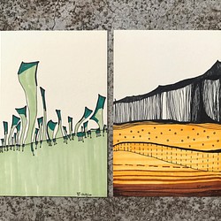 手作りのa set of 2 postcards "volcano & square grass" 1枚目の画像