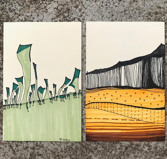 手工明信片㊣ 火山與方塊草地。（組） 第1張的照片