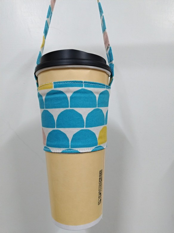 飲料杯套 環保杯套 手搖飲料袋 咖啡袋 半圓(白底水藍點) 第1張的照片