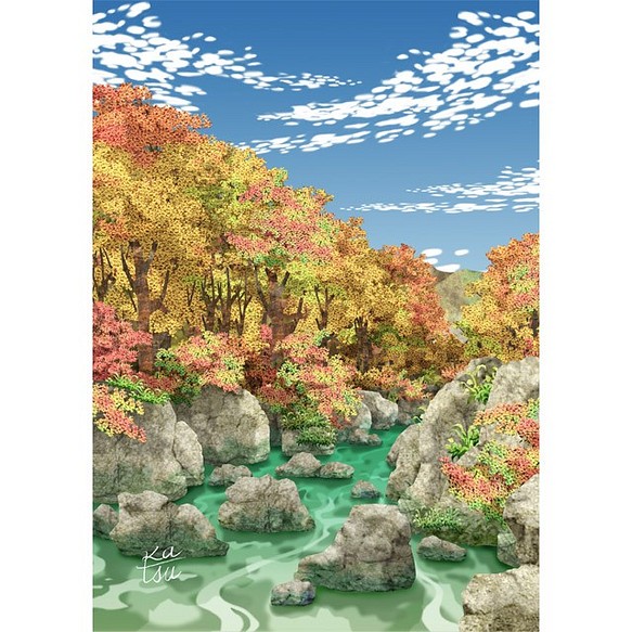 秋の渓谷」紅葉 渓流 うろこ雲 水彩 切り絵 イラスト kura-katsu 通販