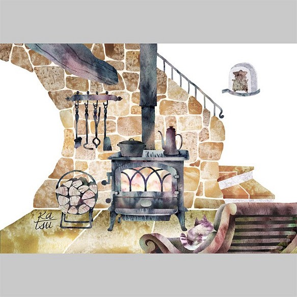 薪ストーブのある風景 冬の暮らし 石壁 ネコ イラスト イラスト Kura Katsu 通販 Creema クリーマ ハンドメイド 手作り クラフト作品の販売サイト