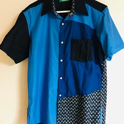 【ハンドメイドメンズシャツ】デニム×和柄ワークシャツ　スナップボタン リサイクル生地　original shirt 6 1枚目の画像