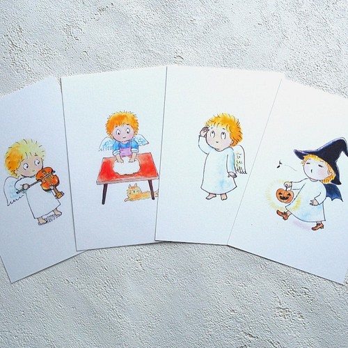 ポストカード4枚セット 送料無料 透明水彩絵の具で描いた小天使の