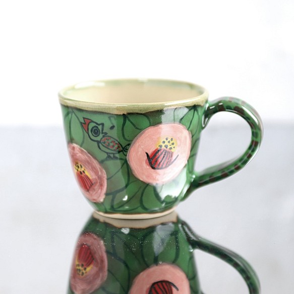 微笑山茶花和鳥杯（綠色） 第1張的照片