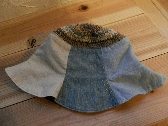 SOLD  OUT‼️     チューリップハット☆kids　草木染めの編み編み☆ナチュラルヒッピー帽子　 1枚目の画像