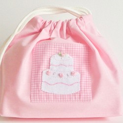 ケーキのアップリケのお弁当袋・巾着袋（ピンク）♪ 1枚目の画像