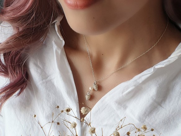 輕珠寶/ 淡水珍珠松果項鍊 可調長度 鎖骨鏈 14k包金/純銀 客製化禮物 第1張的照片