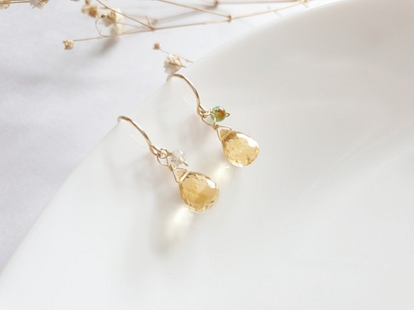 輕珠寶/ 清透黃水晶耳環(耳夾) 印度瑪瑙 水滴型 招財 十一月誕生石 客製化禮物 第1張的照片