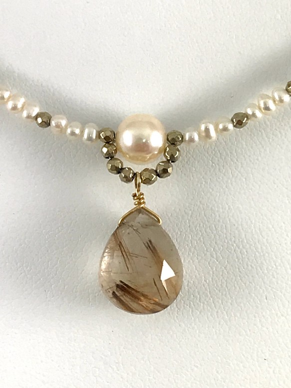 ゴールドルチルクォーツ&本真珠のネックレス 1枚目の画像