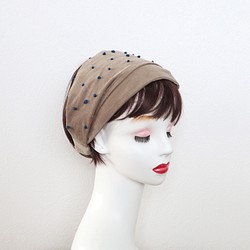 ドット刺繍(ブルー)のコーデュロイのヘアバンド<hairband144> 1枚目の画像