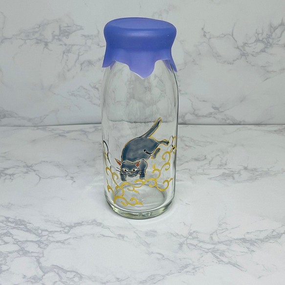 猫柄　シリコン蓋付きガラス瓶　シャルトリュー唐草 1枚目の画像