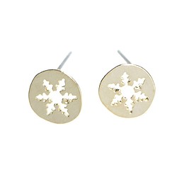 出售[1對] 925芯！ 925純銀耳環，飾以光滑的金幣形狀雕刻的雪花圖案 第1張的照片