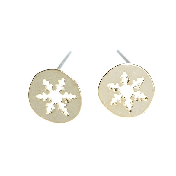 出售[1對] 925芯！ 925純銀耳環，飾以光滑的金幣形狀雕刻的雪花圖案 第1張的照片