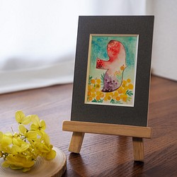 水彩原画『黄色の花と赤い鳥』日々を愉しむちいさな絵　額装品 1枚目の画像
