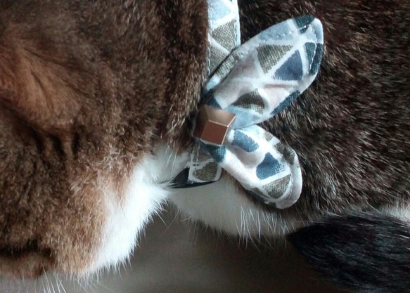 大人シックな三角模様のチーフ　キラキラ金ボタンの猫用首輪　落ち着いた雰囲気の猫ちゃんにおすすめ 1枚目の画像