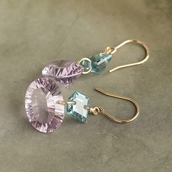 A) 凹形切割粉色紫水晶和倫敦藍托帕石耳環（耳環可更換） 第1張的照片