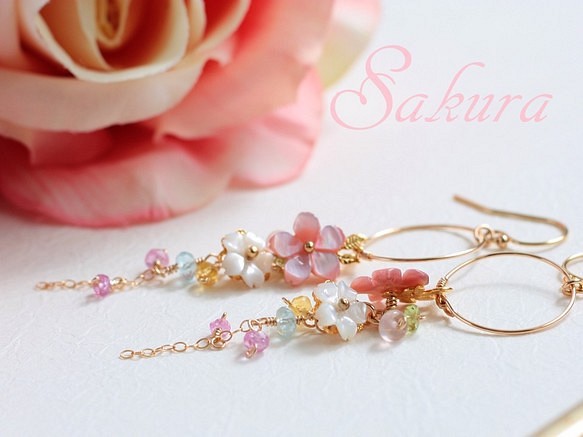【sold】Sakura*桜が可憐に連なるリングピアス/イヤリング 1枚目の画像