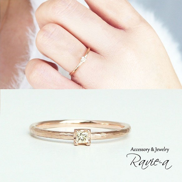 指輪 イエローダイヤモンド 槌目 1粒リング プリンセスカット 華奢 婚約指輪 結婚指輪 誕生日プレゼント