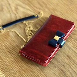 ぜんちゃん様オーダー鏡付きショルダーチェーン付き 収納たっぷり3段カード 革の宝石ルガトーのiPhoneケース 1枚目の画像