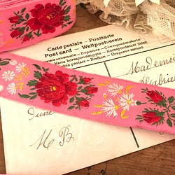 ヴィンテージ刺繍リボン・ピンクに赤色の薔薇55cm 1枚目の画像