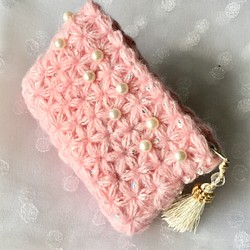 小花模様のリフ編みポーチ 1枚目の画像