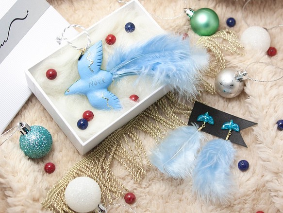 冬季鳥的耳環和房間裝飾[天藍色]穿孔耳環+裝飾 第1張的照片